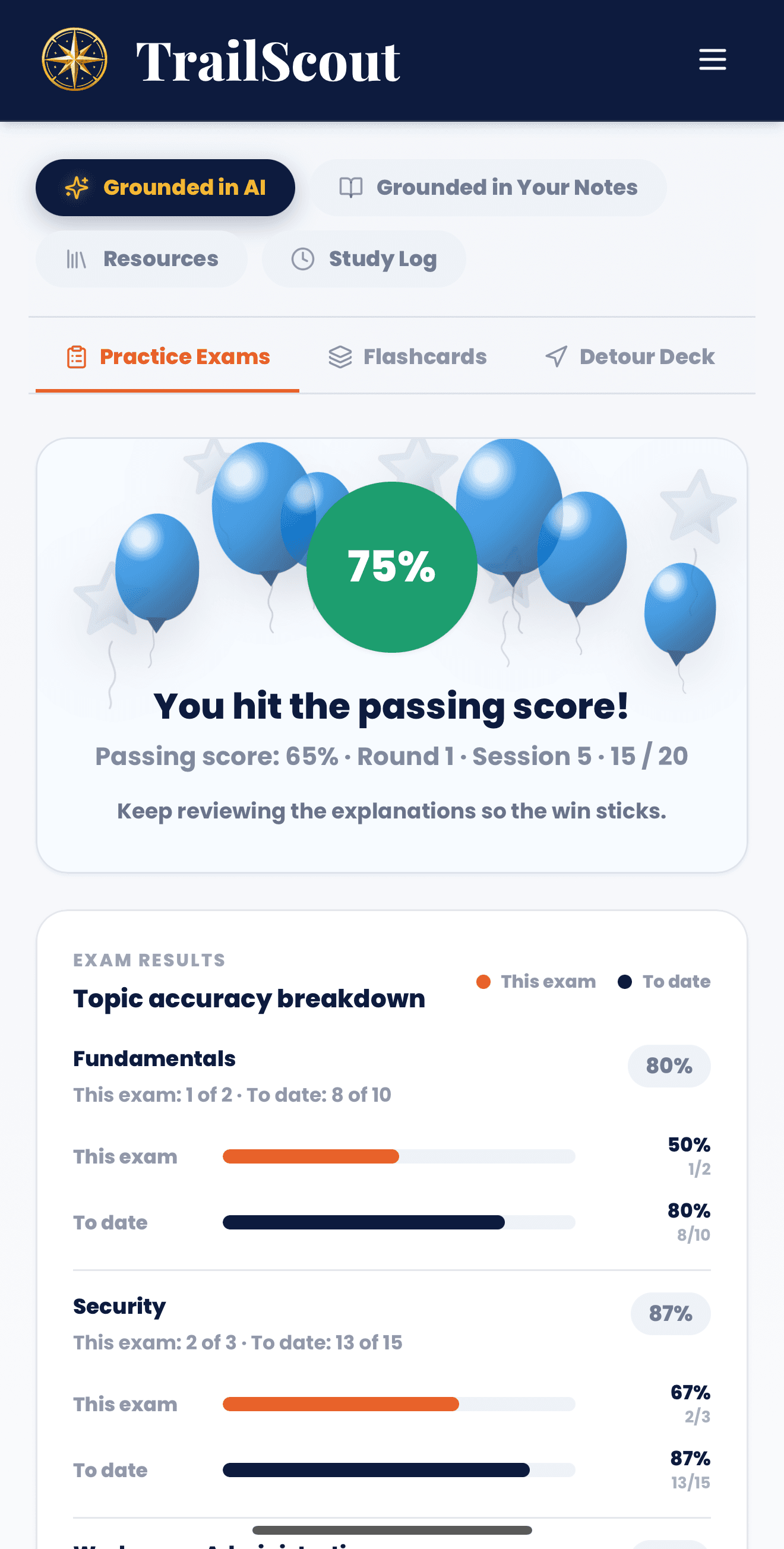 TrailScout Learning Hub exam result showing 75 percent and topic accuracy